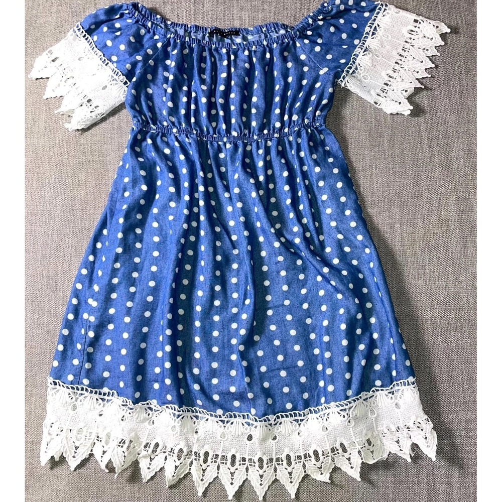 Haute Monde Dress Womens Large Blue Chambray Polka Dot Lace Trim Off Shoulder